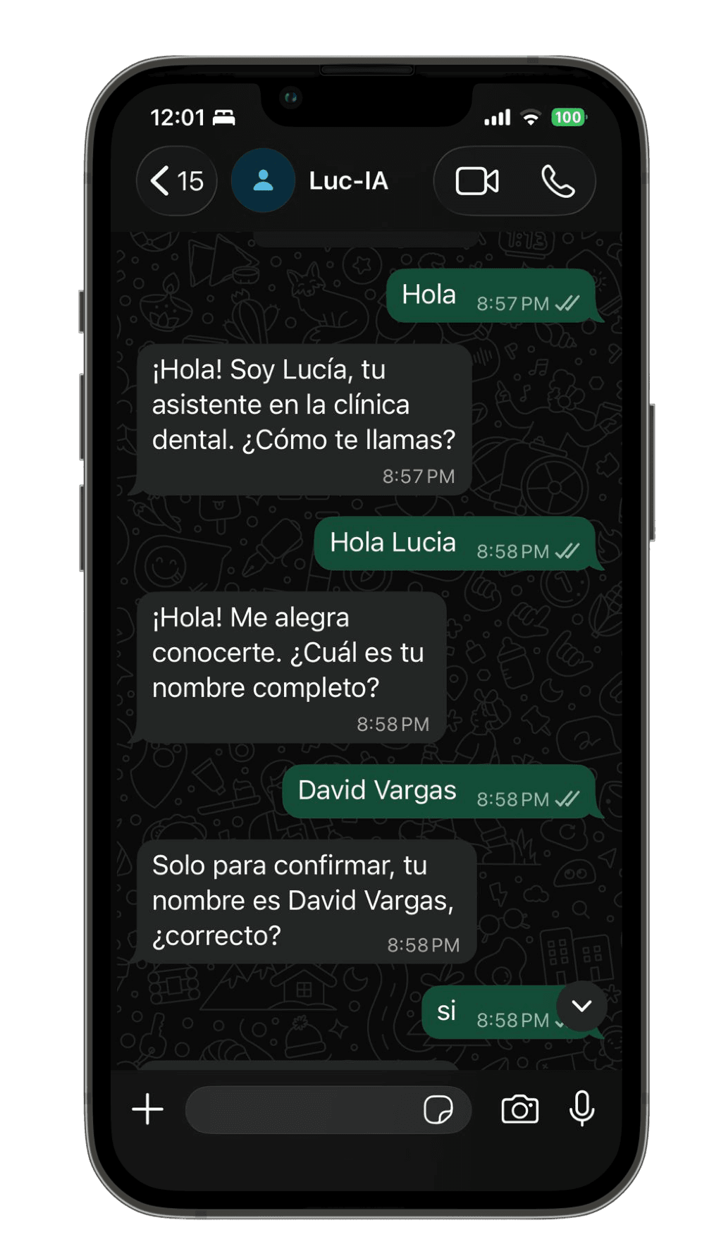 Captura de chat WhatsApp con asistente IA