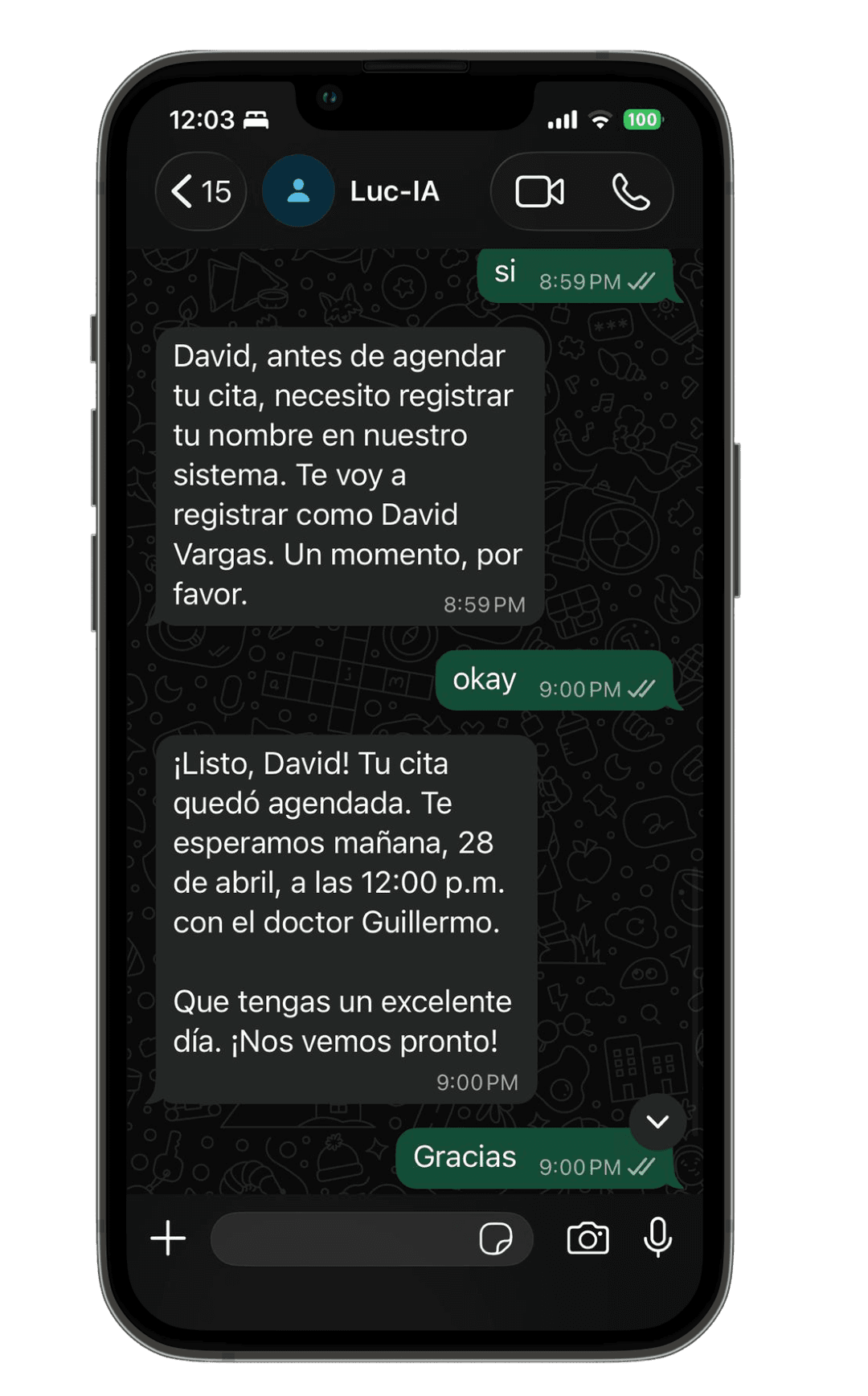 Captura de chat WhatsApp con asistente IA